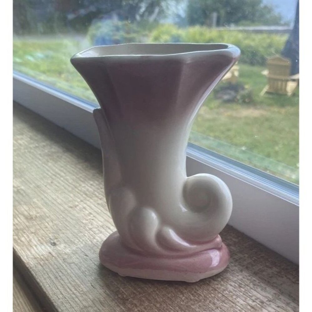 USA Pink & Cream Small Vase Cornucopia Shaped 5” Tall